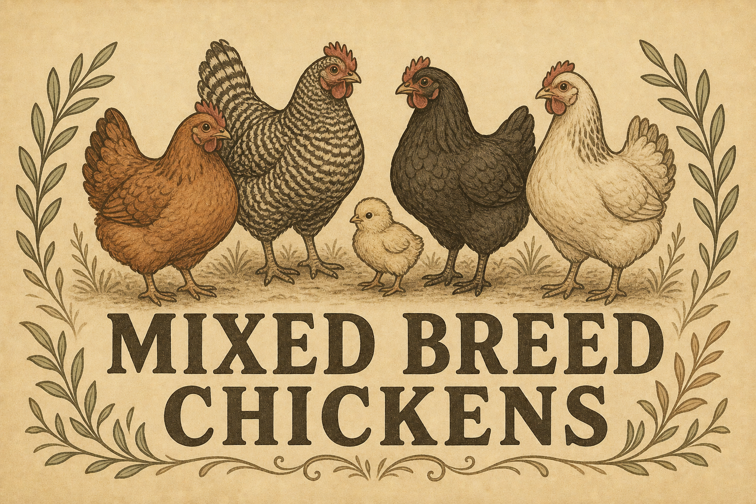 Vintage illustration of a varied mixed-breed chicken flock